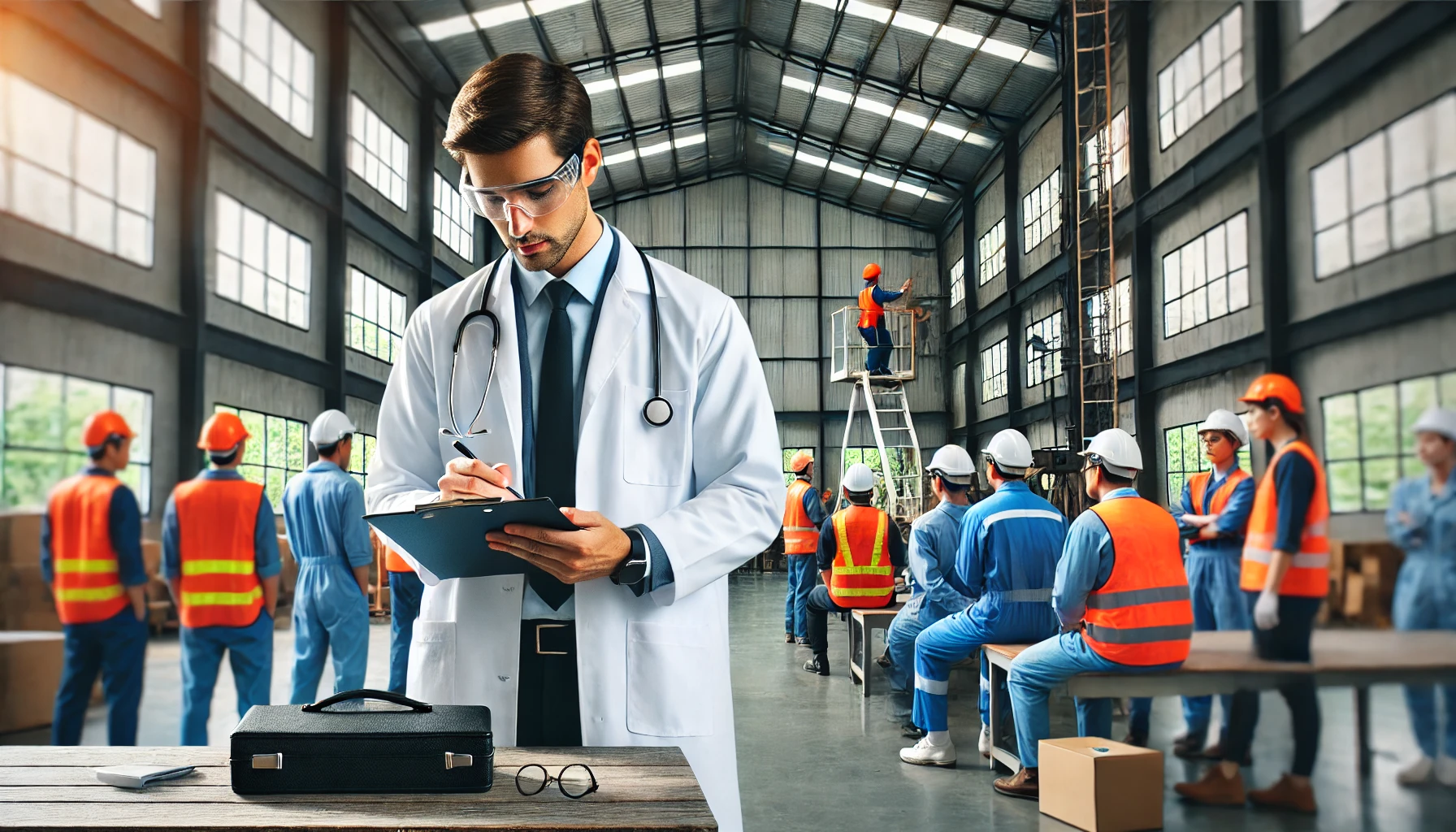 DALL·E 2025 01 10 17.25.51 A professional and modern horizontal image representing workplace health surveillance. The scene should include a medical professional in a white coat