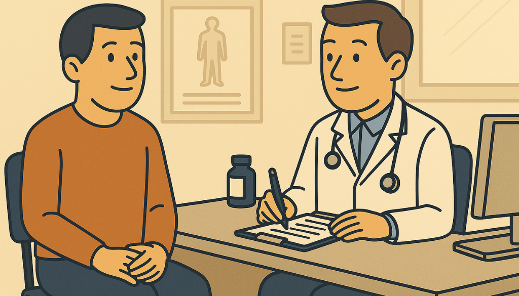 Medico con camice bianco scrive su una cartella mentre parla con un lavoratore seduto di fronte a lui in ambulatorio.