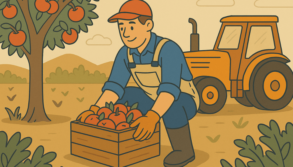 Agricoltore solleva correttamente una cassetta di ortaggi, con postura corretta e abbigliamento da lavoro per evitare di incorrere in malattie professionali.