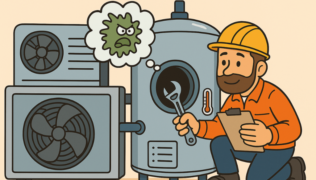 Tecnico in abiti da lavoro controlla un impianto idrico-industriale con un pensiero preoccupato rivolto al rischio Legionella.