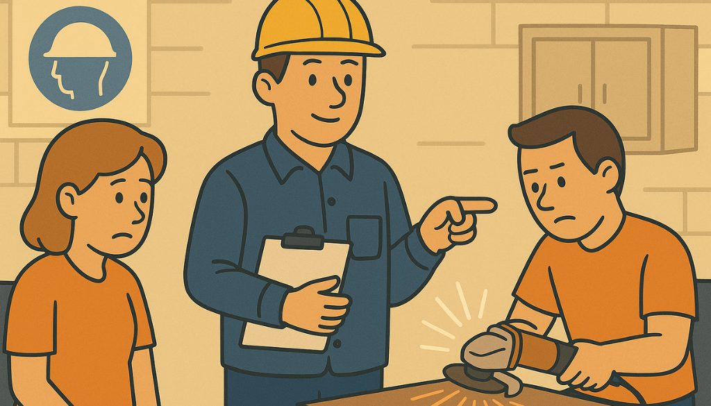 Preposto con caschetto giallo segnala un comportamento rischioso a un lavoratore che usa un utensile senza protezioni, sotto lo sguardo preoccupato di una collega.