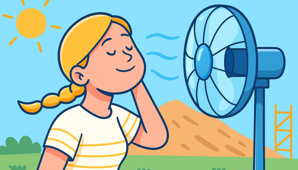 Donna si rinfresca con un ventilatore all’aperto sotto il sole estivo