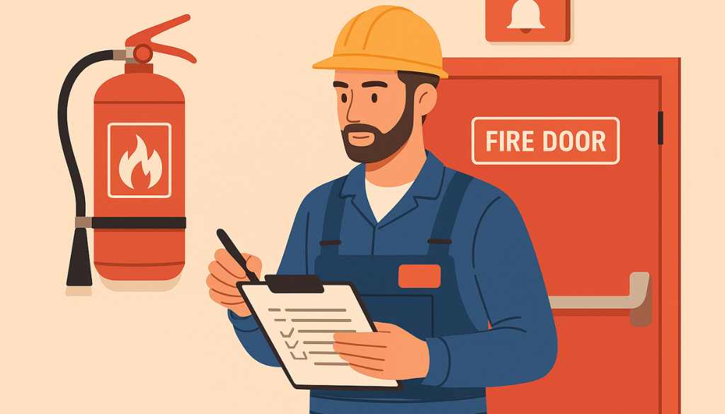 Tecnico manutentore qualificato controlla un estintore e una porta tagliafuoco