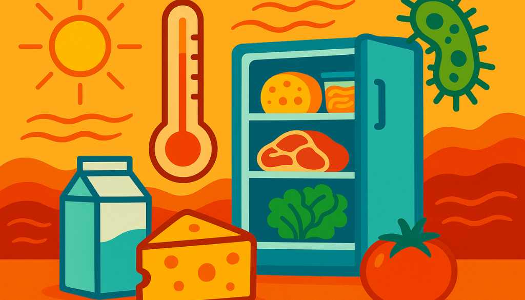 Illustrazione di un frigorifero aperto con cibi deperibili e simboli del caldo estivo, come un sole, un termometro e un batterio, per rappresentare i rischi nella conservazione degli alimenti in estate.