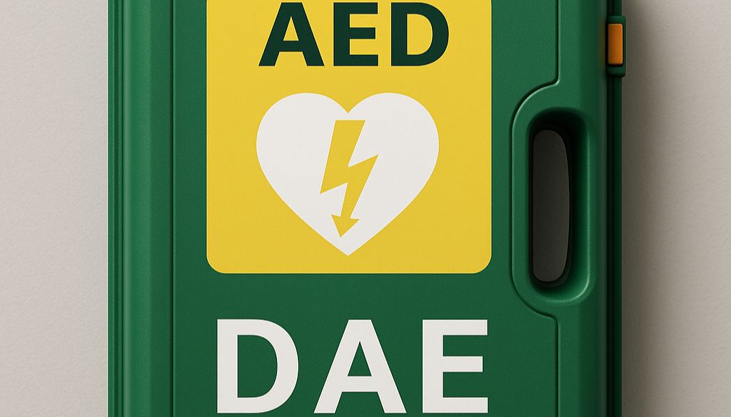 Defibrillatore semiautomatico esterno (DAE) in custodia verde rettangolare con simbolo cuore e fulmine giallo, montato a parete.