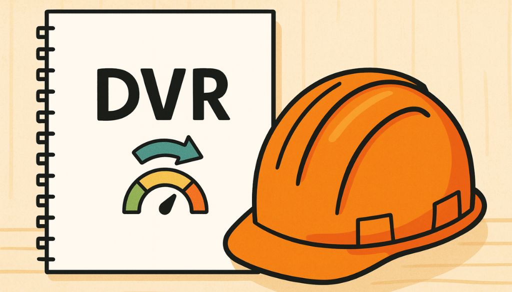 Illustrazione in stile flat con un casco di sicurezza arancione accanto a un documento DVR, simbolo della valutazione dei rischi sul lavoro.