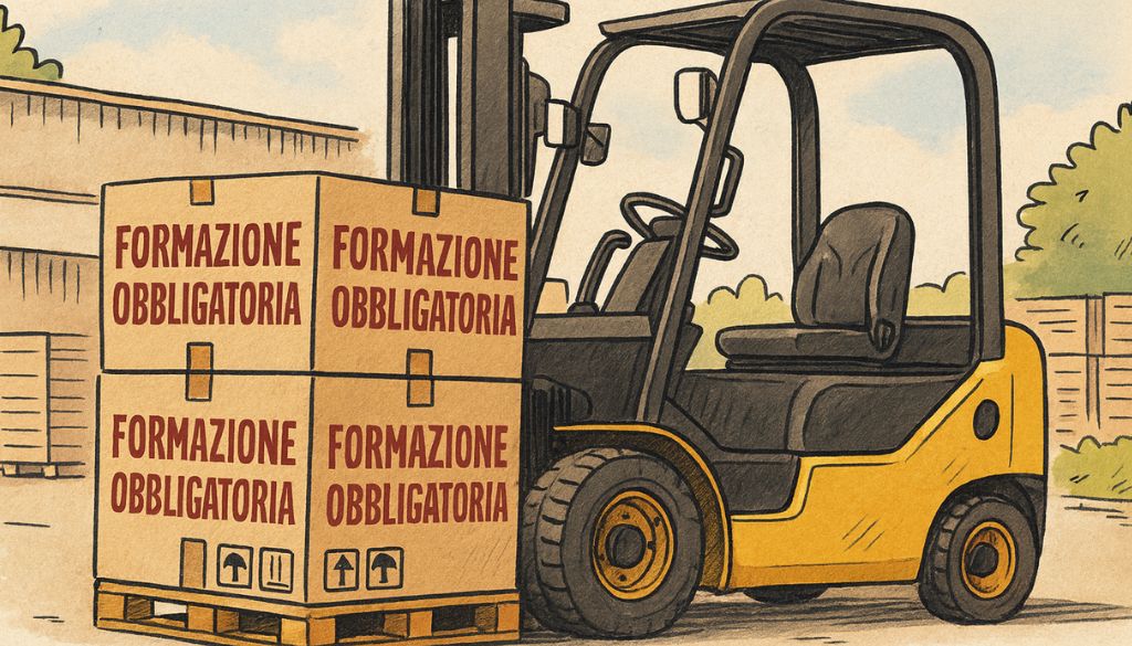 Carrello elevatore giallo che solleva scatole con la scritta formazione obbligatoria, simbolo della formazione sulle attrezzature da lavoro.