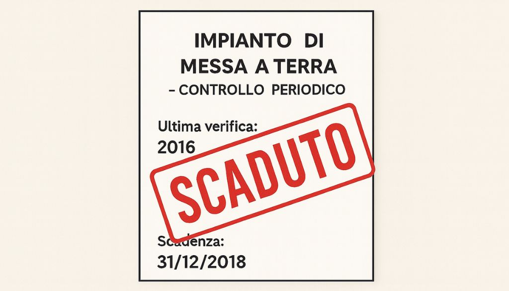 un documento di controllo dell’impianto di messa a terra con ultima verifica 2016, scadenza 31/12/2018 e timbro rosso SCADUTO.