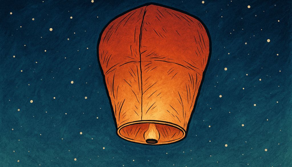 Illustrazione disegnata di una lanterna cinese che vola nel cielo notturno, con luce calda e atmosfera suggestiva.