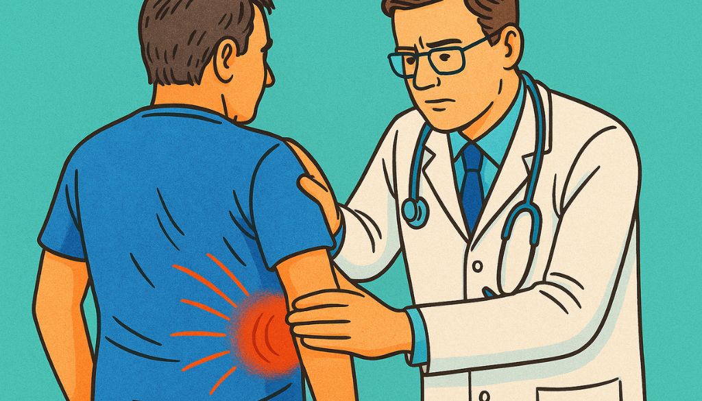 Illustrazione colorata di un medico che visita un paziente con mal di schiena, simbolo delle malattie professionali.