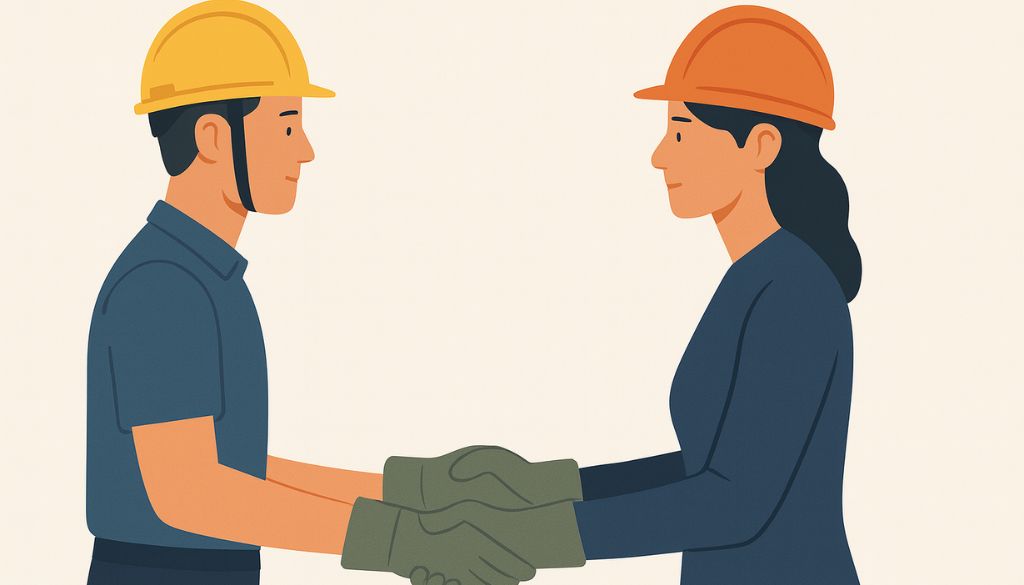 Un uomo e una donna con caschi da cantiere si stringono la mano, simbolo di collaborazione e parità di genere sul lavoro.