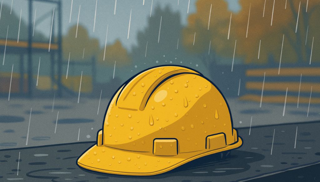 Illustrazione di un casco giallo da cantiere poggiato su una superficie bagnata sotto la pioggia, simbolo dei rischi d’autunno in cantiere.