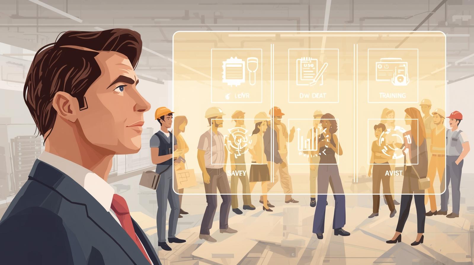 Illustrazione moderna che mostra un datore di lavoro e un gruppo di lavoratori impegnati in un contesto aziendale sicuro, con icone digitali che rappresentano formazione, DVR, badge e sicurezza.