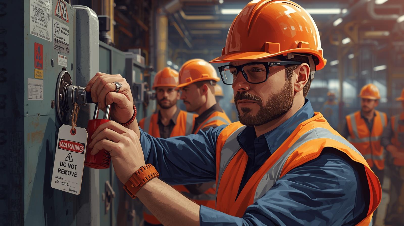 Tecnico con casco e gilet arancione applica un lucchetto di sicurezza con cartello “Do not remove” su un macchinario industriale, durante una procedura Lockout Tagout.