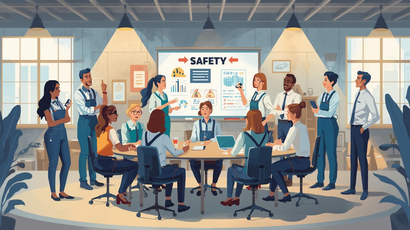 Riunione aziendale sulla sicurezza: un gruppo di lavoratori e lavoratrici discute davanti a una lavagna con la scritta “Safety” e grafici illustrativi.
