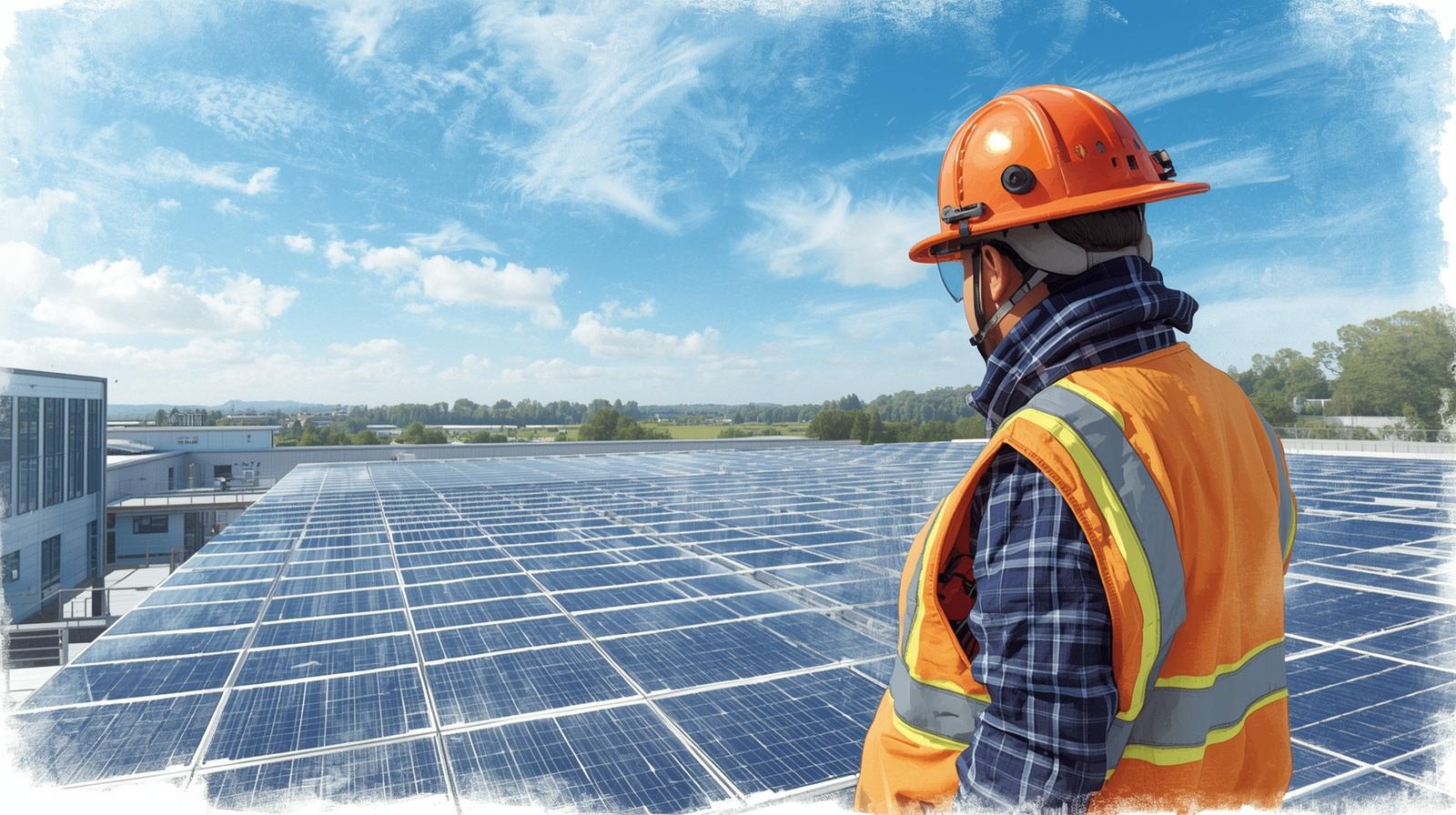 Tecnico con casco e gilet arancione controlla un impianto fotovoltaico sul tetto di un edificio industriale, verificando la sicurezza antincendio dei pannelli solari.