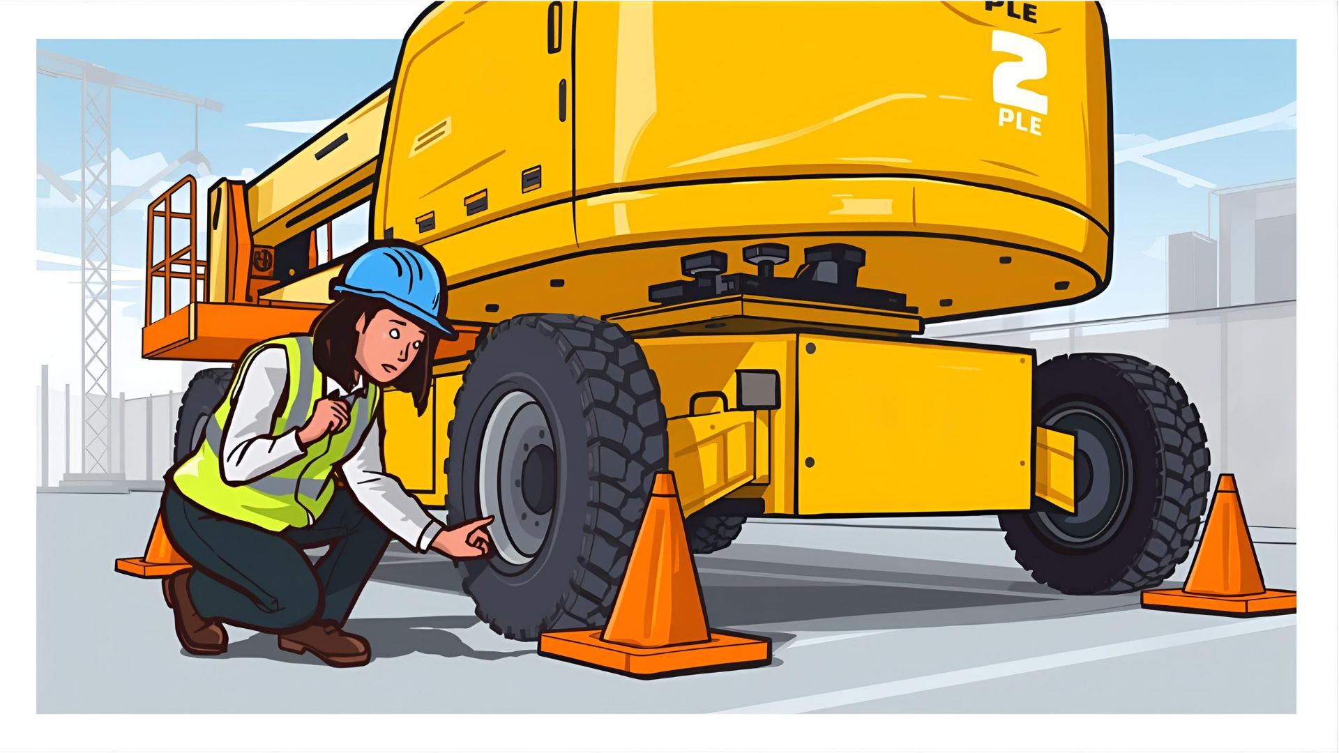 Operatore in cantiere che verifica gli stabilizzatori di una piattaforma elevabile PLE, illustrato in stile cartoon per evidenziare i controlli di sicurezza prima dell’uso.