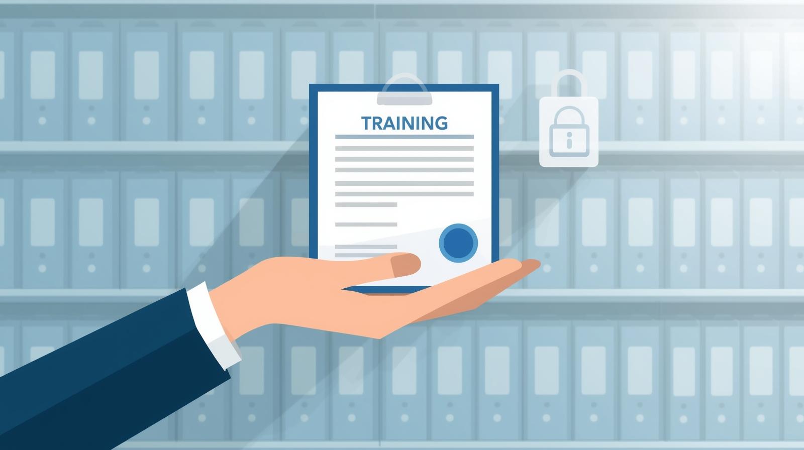 Mano che tiene un attestato di formazione davanti a un archivio ordinato, con un’icona di lucchetto a simbolo della protezione dei dati personali.