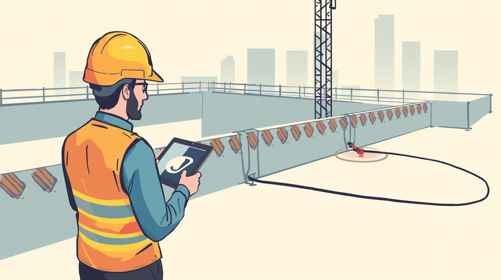 CSE in cantiere che osserva una situazione di rischio evidente con tablet, cavo elettrico a terra vicino al bordo della struttura