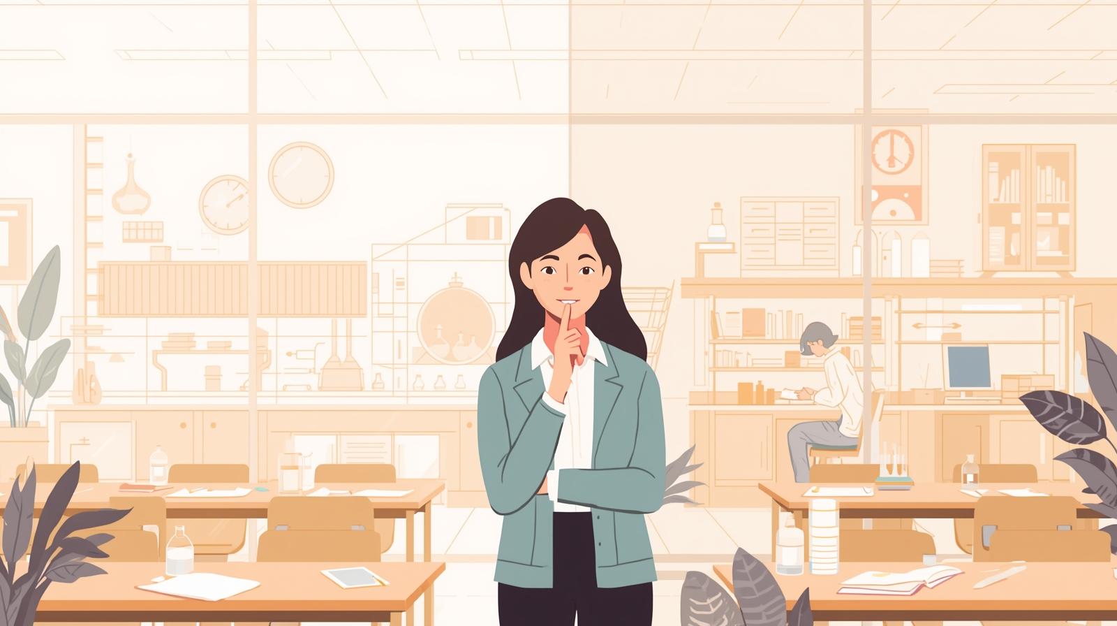 Illustrazione di un’insegnante in aula scolastica che riflette sulla formazione e sulla valutazione del rischio, con ambienti didattici sullo sfondo.