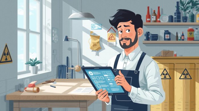 Artigiano in un laboratorio che utilizza un tablet per la gestione digitale dei rifiuti pericolosi secondo il sistema RENTRI.