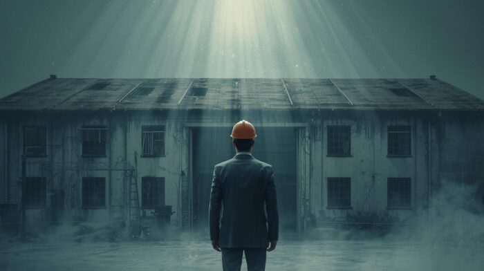 Imprenditore con casco da cantiere davanti a un vecchio capannone industriale con copertura in eternit, rischio amianto.