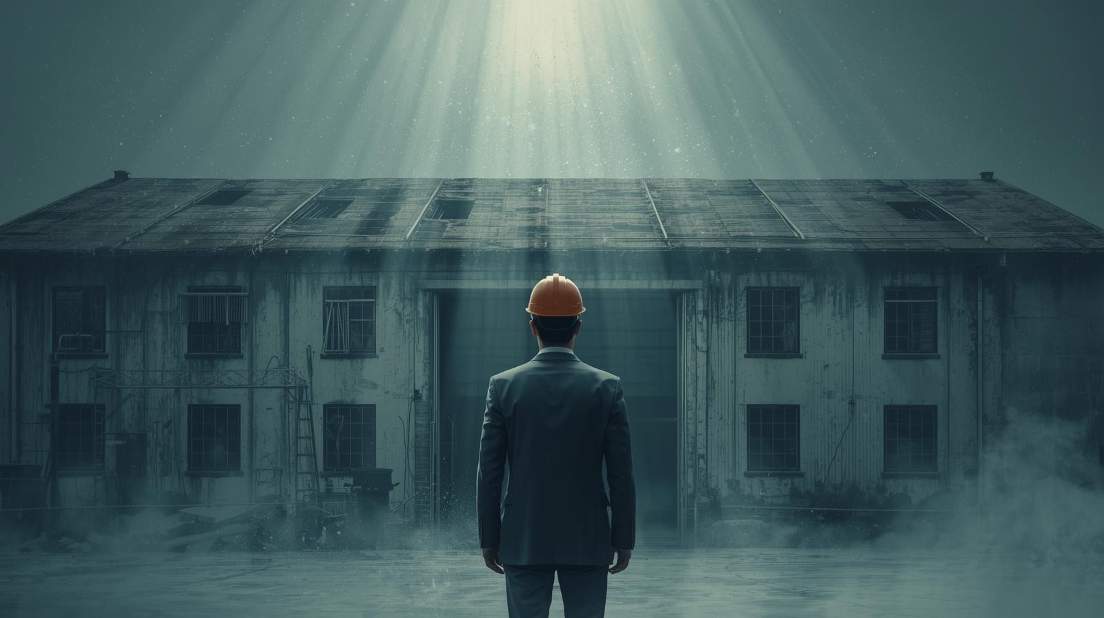 Imprenditore con casco da cantiere davanti a un vecchio capannone industriale con copertura in eternit, rischio amianto.