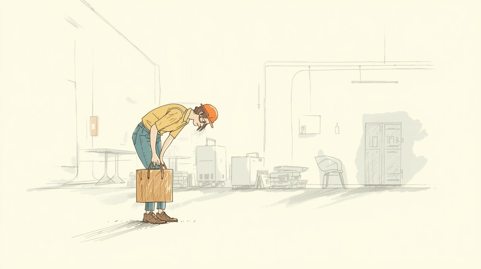 Illustrazione editoriale di un lavoratore che solleva una scatola in ambiente industriale, simbolo del rischio ergonomico sul lavoro.