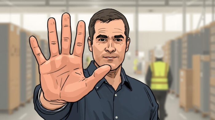 Illustrazione di un uomo in primo piano che alza la mano in segno di stop all’interno di un magazzino, simbolo di attenzione e prevenzione sul lavoro.