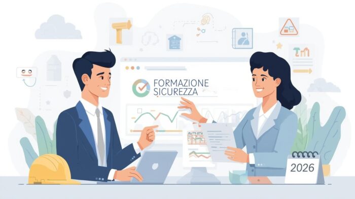 Illustrazione di consulente e responsabile aziendale che analizzano la formazione sulla sicurezza 2026 davanti a una dashboard con grafici e checklist.