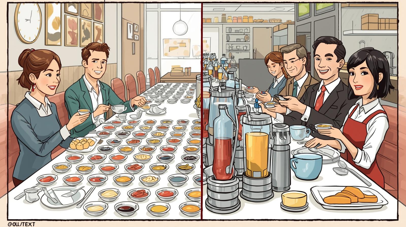 Illustrazione cartoon professionale divisa in due scene: a sinistra tavolo con molte monoporzioni di salse e condimenti in bustine, a destra buffet moderno con dispenser riutilizzabili in un ristorante.