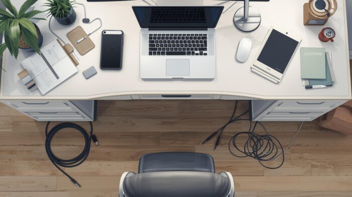 Postazione di lavoro in smart working con laptop su scrivania e cavi sul pavimento che rappresentano rischio di infortunio domestico