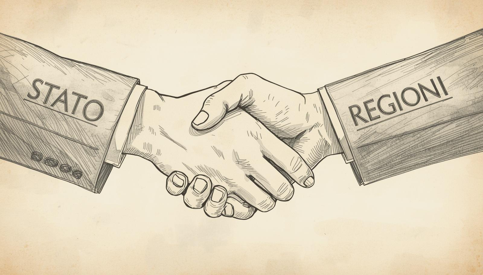 Stretta di mano tra Stato e Regioni rappresentata con illustrazione a mano, simbolo del nuovo Accordo Stato-Regioni 2025 sulla formazione sicurezza lavoro