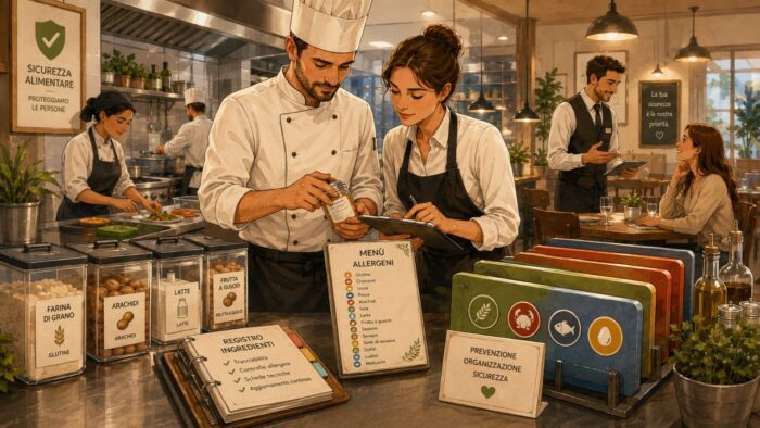 Illustrazione di una cucina di ristorante con chef e cameriera che controllano allergeni, menù allergeni, registro ingredienti e contenitori etichettati con i principali allergeni alimentari.
