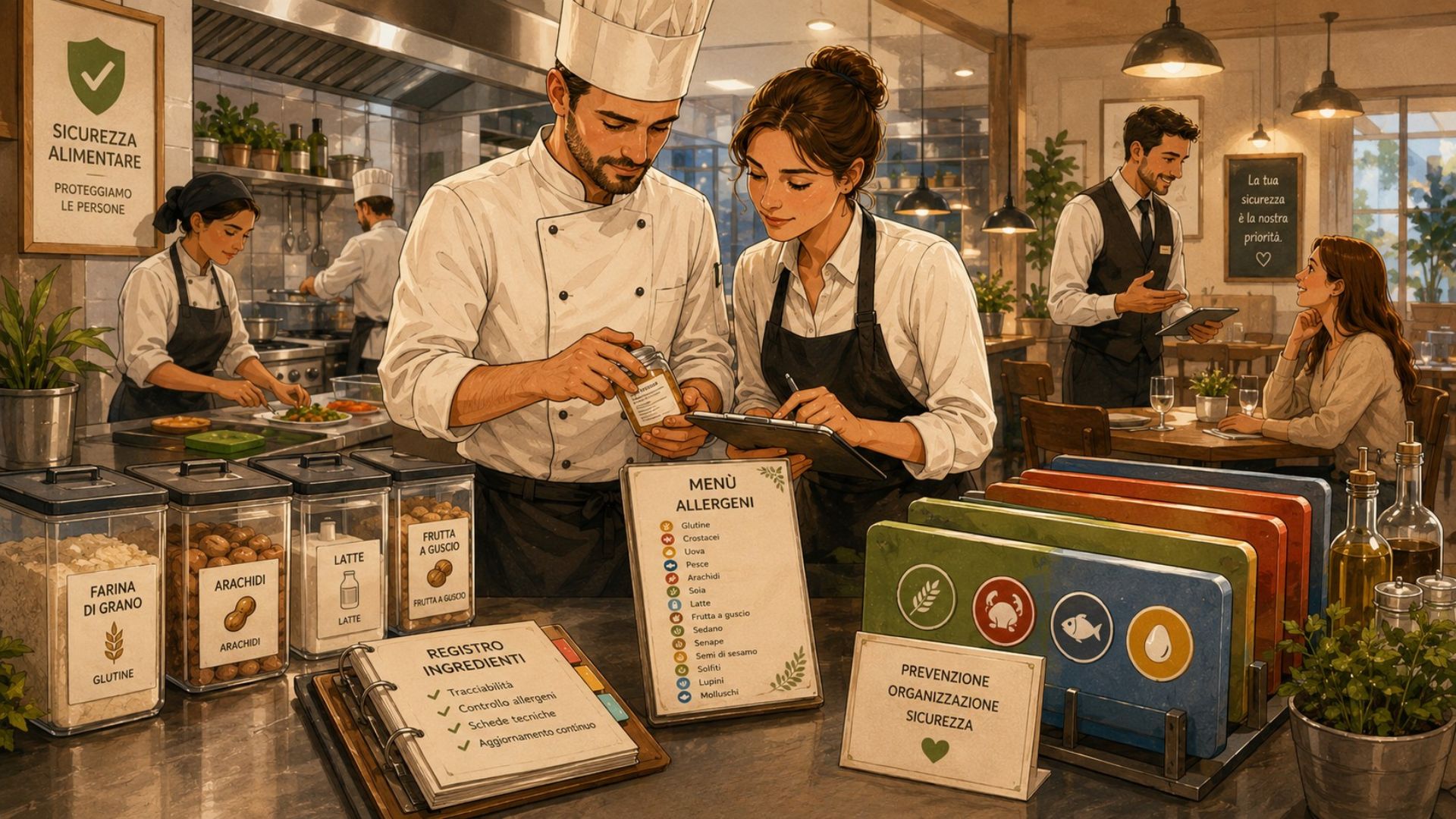 Illustrazione di una cucina di ristorante con chef e cameriera che controllano allergeni, menù allergeni, registro ingredienti e contenitori etichettati con i principali allergeni alimentari.