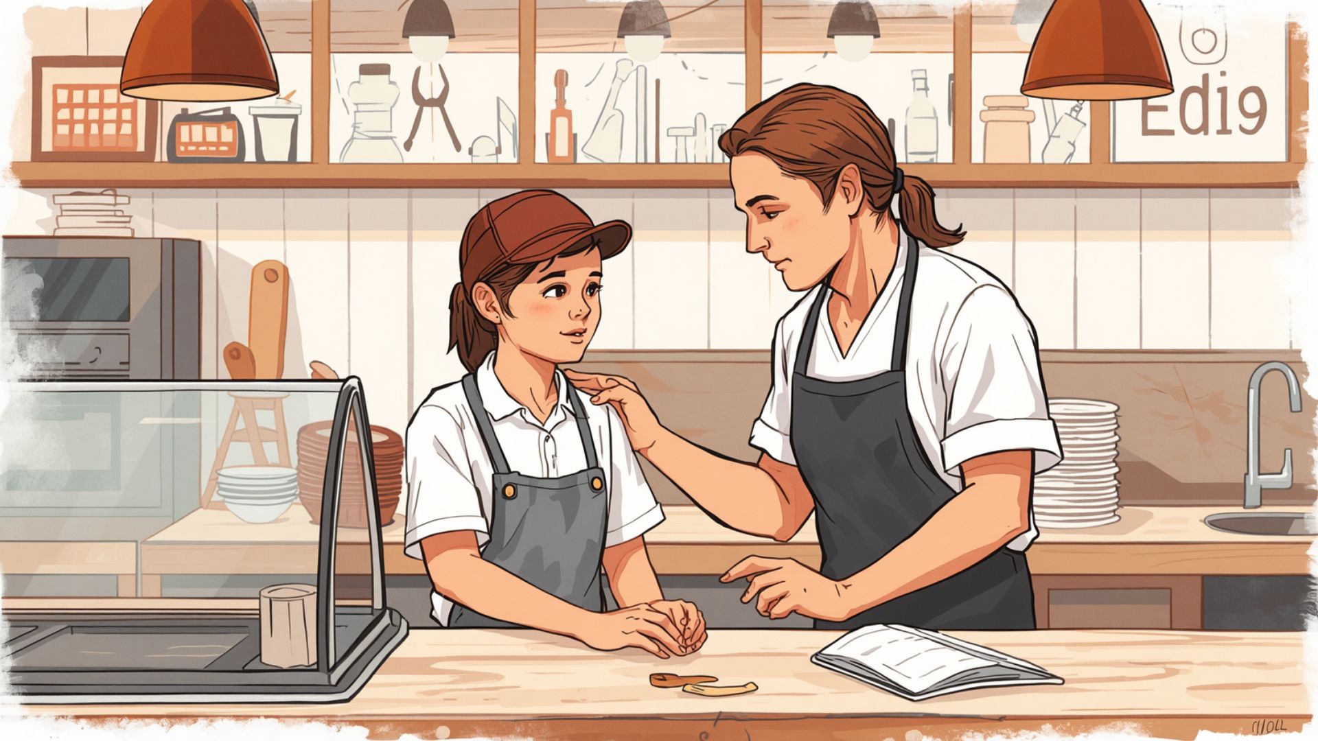 Illustrazione di un giovane lavoratore minorenne affiancato da un tutor esperto in un ambiente di lavoro moderno e sicuro