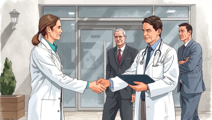 Illustrazione del passaggio di consegne del medico competente con cartella clinica davanti ad azienda moderna, osservati da imprenditore