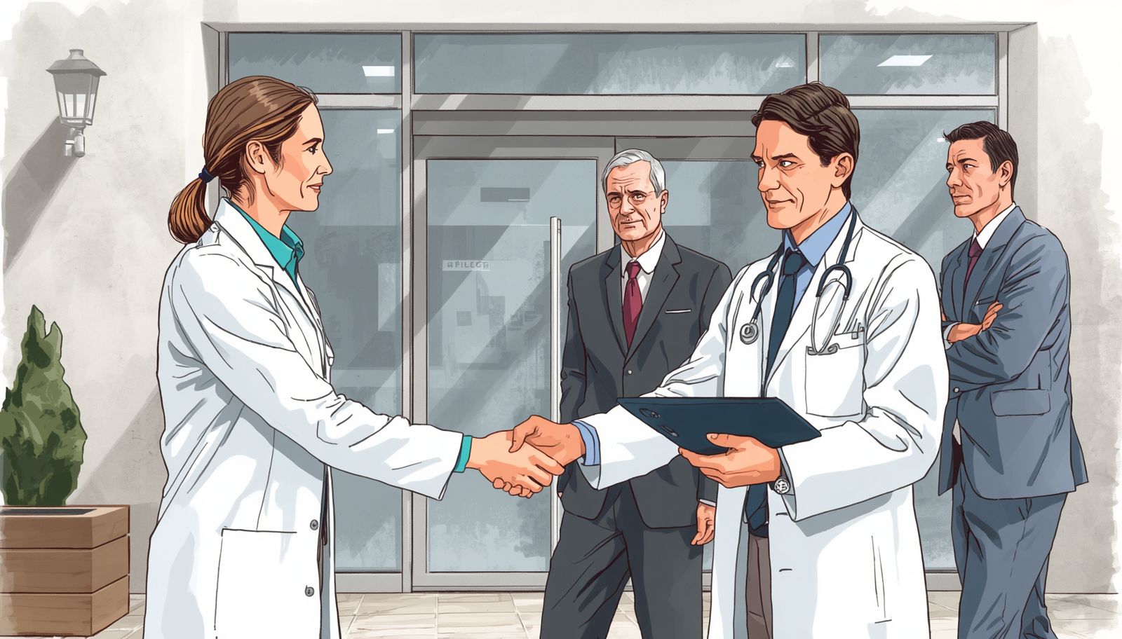 Illustrazione del passaggio di consegne del medico competente con cartella clinica davanti ad azienda moderna, osservati da imprenditore