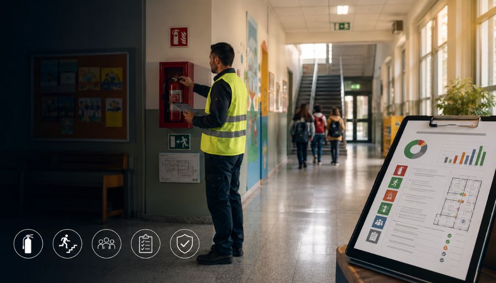 Persona con gilet giallo controlla un estintore nel corridoio di una scuola. In primo piano una scheda con informazioni sulla sicurezza antincendio.