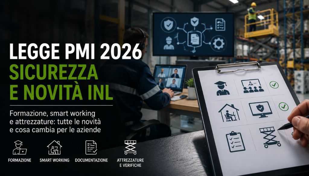 Illustrazione editoriale sulla Legge PMI 2026 con formazione digitale, smart working, documentazione e verifiche delle attrezzature per la sicurezza sul lavoro.