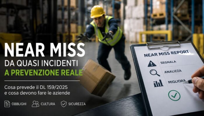 Lavoratore in magazzino evita un incidente mentre viene compilata una segnalazione di near miss secondo il DL 159/2025.