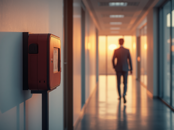 Defibrillatore aziendale DAE montato a parete in corridoio ufficio moderno, persona sfocata sullo sfondo, luce naturale calda