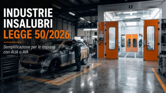 Officina di carrozzeria con cabine di verniciatura e scritta "Industrie Insalubri Legge 50/2026 – Semplificazione per le imprese con AUA o AIA".
