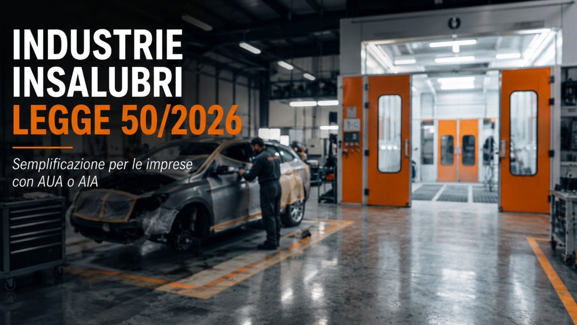 Officina di carrozzeria con cabine di verniciatura e scritta "Industrie Insalubri Legge 50/2026 – Semplificazione per le imprese con AUA o AIA".