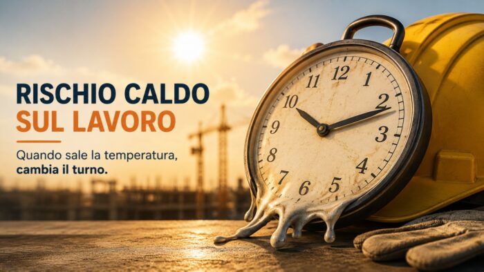 Orologio che si scioglie accanto a un casco e guanti da cantiere sotto il sole cocente, con scritta "Rischio caldo sul lavoro".