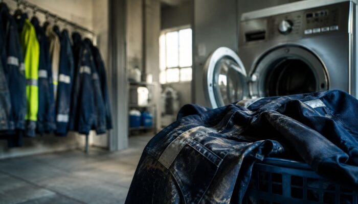 Indumenti da lavoro sporchi in una lavanderia aziendale con lavatrice industriale.