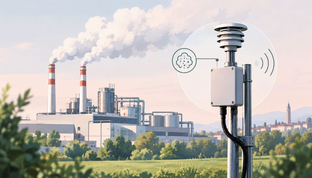 Impianto industriale con sistema di monitoraggio delle emissioni in atmosfera.