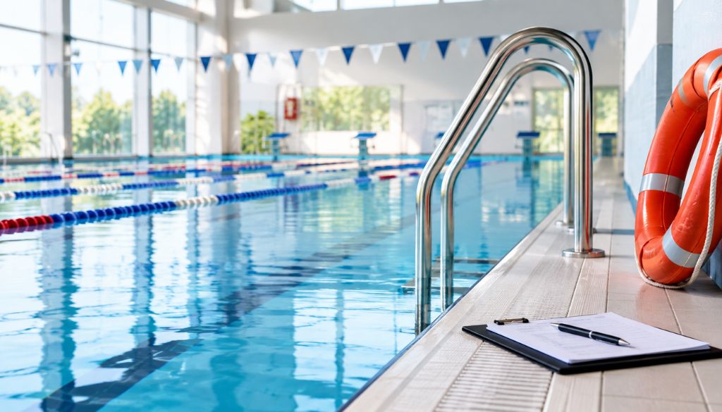 Salvagente e clipboard a bordo piscina, simboli di sicurezza per la nuova normativa piscine 2026