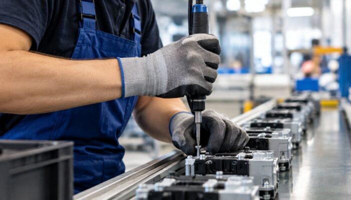 Movimenti ripetitivi sul lavoro durante un'attività di assemblaggio industriale.